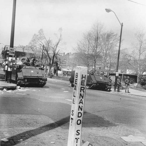 After Dr. King’s assassination, National Guard troops were deployed into Memphis to quell protests and enforce a curfew. This haunting image depicts soldiers standing on the corner of Hernando and Beale Streets, where Dr. King had just led a protest weeks before.