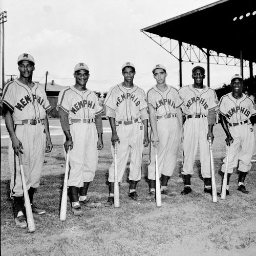 The Memphis Red Sox proved that talent knows no color line. Playing in one of the only Black-owned stadiums in America, their legacy helped pave the way for integration in professional sports. Left to right we see Vibert Ernest Clark, Pedro Formental, Gilberto Varona, Orlando Varona, Jose Colas, Candido Mara, and Edric "Leon" Kellman.