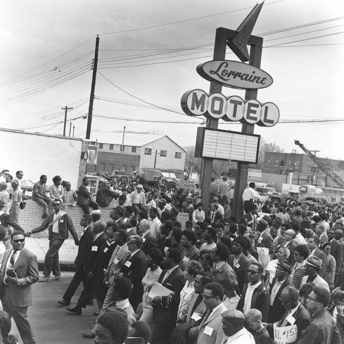 The influence and impact of Dr. Martin Luther King Jr. lasted long after his passing. Here, Withers photographed a 1969 march outside the Lorraine Motel, the site of King’s assassination, one year after his death.