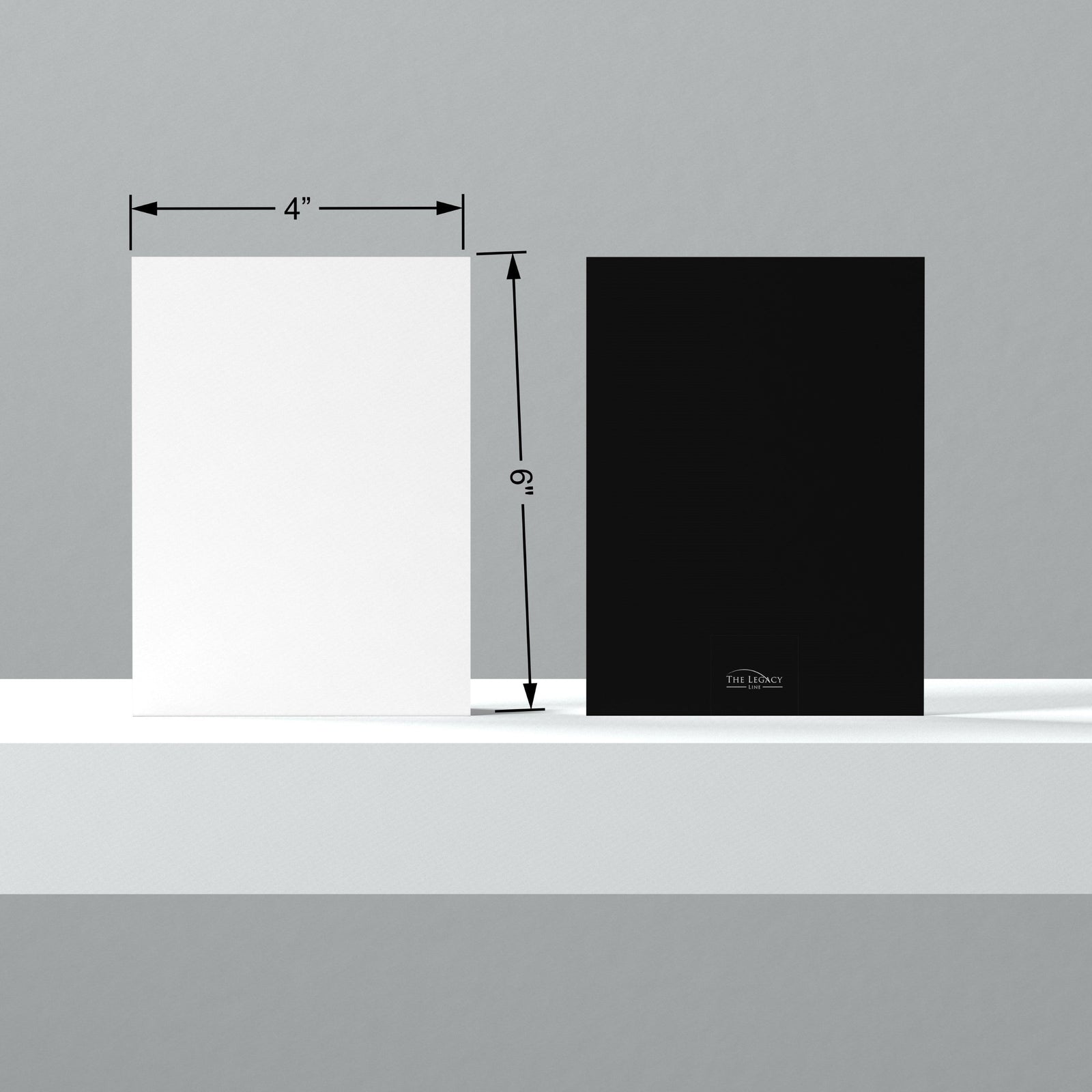 Technical drawing of Legacy Line greeting card showing dimensions, layout, and print specifications
