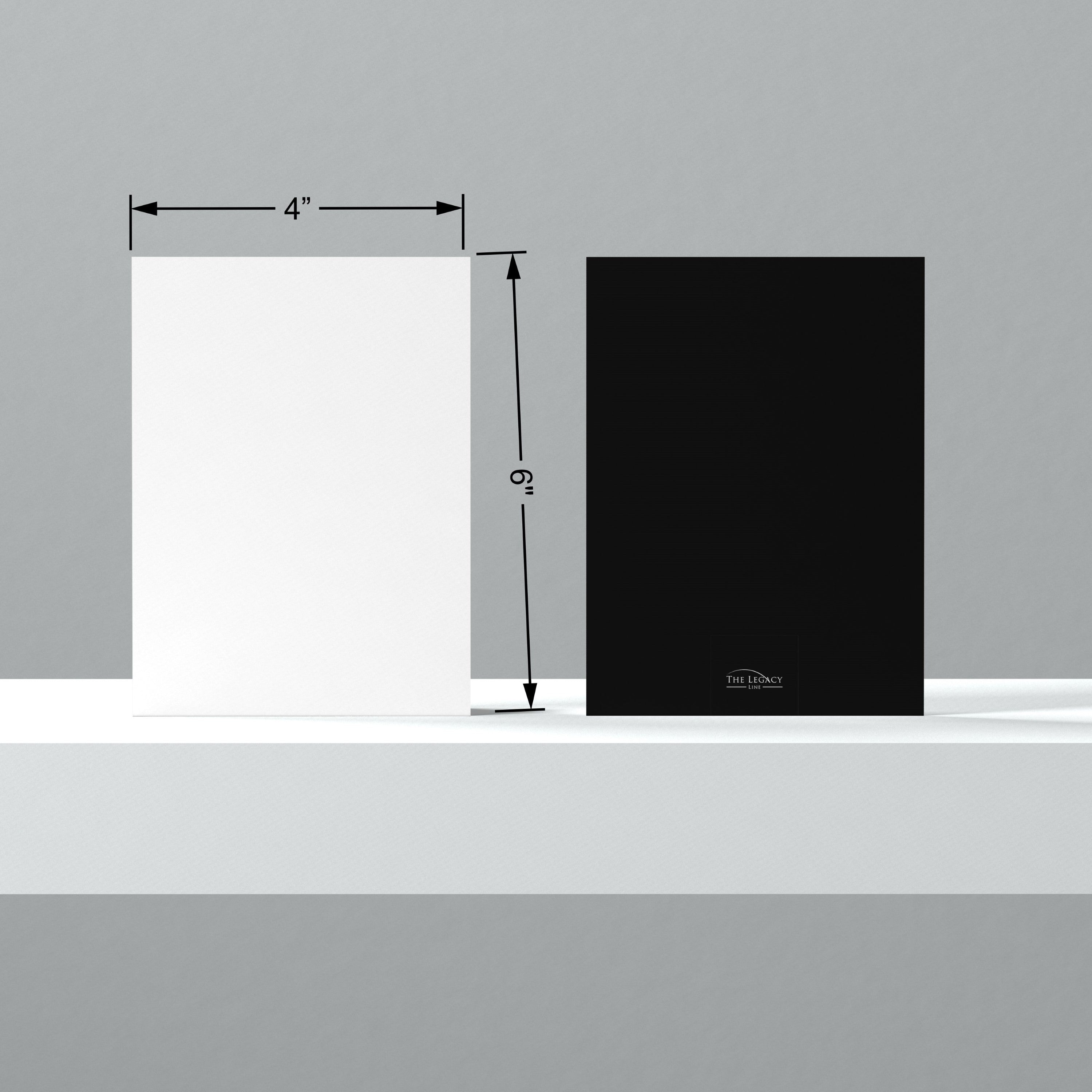 Technical drawing of Legacy Line greeting card showing dimensions, layout, and print specifications